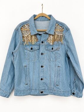 Dragon Denim Gold Sequin Fringe Embellished Denim Jacket Size L
